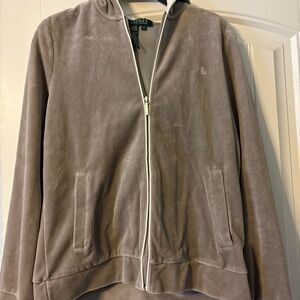 Lauren Ralph Lauren Velour Sweatshirt Women's Medium Full Zip Taupe Hoodie